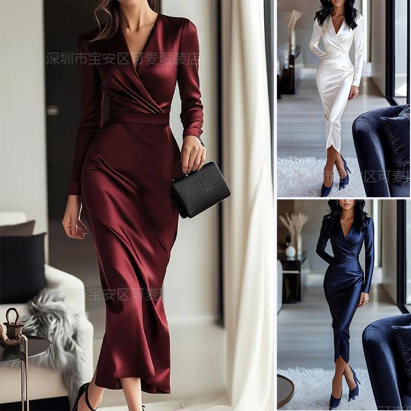Cross-Border European and American Goddess Style Mid-Length Hip-Hugging Skirt, Famous Satin Waist-Cinching High-End V Neck Dress for Women