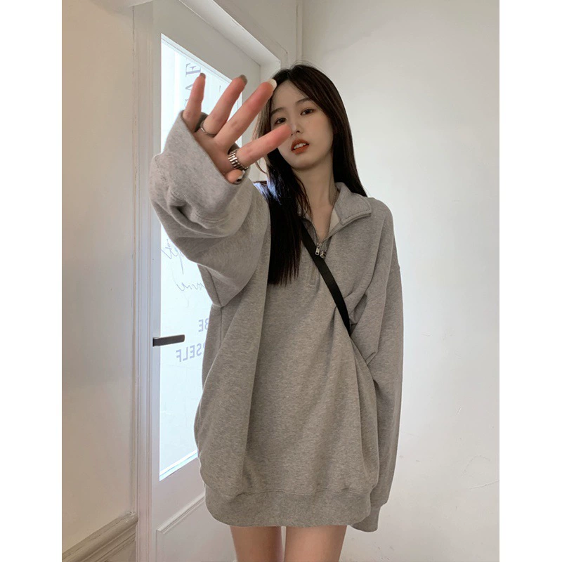 Oversized Long-Sleeve Pullover Women's, Plus Size Loose Fit, Spring Gray