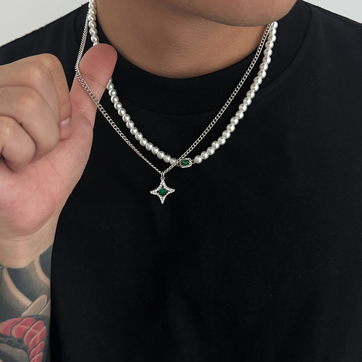 Gioielli talismano di protezione, gioielli transfrontalieri europei e americani, set di catene da uomo con perle extra dense, collana di alta gamma in stile hip-hop alla moda_voghion.com