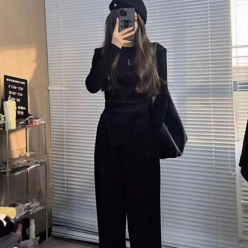 韩版收腰休闲秋款修身时尚上衣显瘦套装新款不规则直筒T恤两件套|undefined