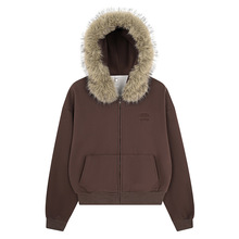 衣品男装美式大毛领拼接开衫连帽卫衣秋冬加绒慵懒风女帽衫外套潮