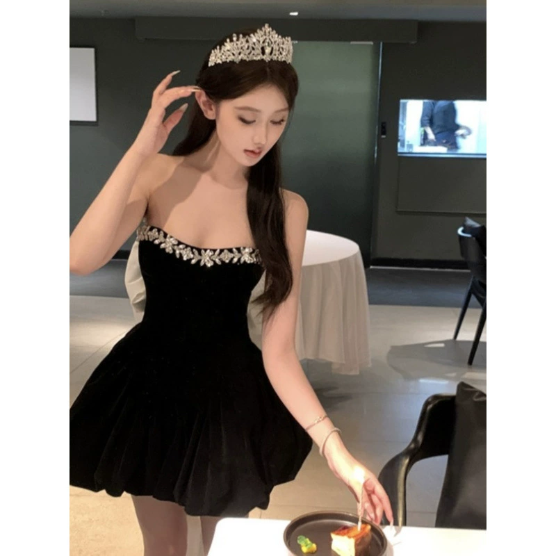 Женское платье-топ из бархата с бриллиантами в стиле французской леди, осеннее вечернее платье для дня рождения, юбка-пачка