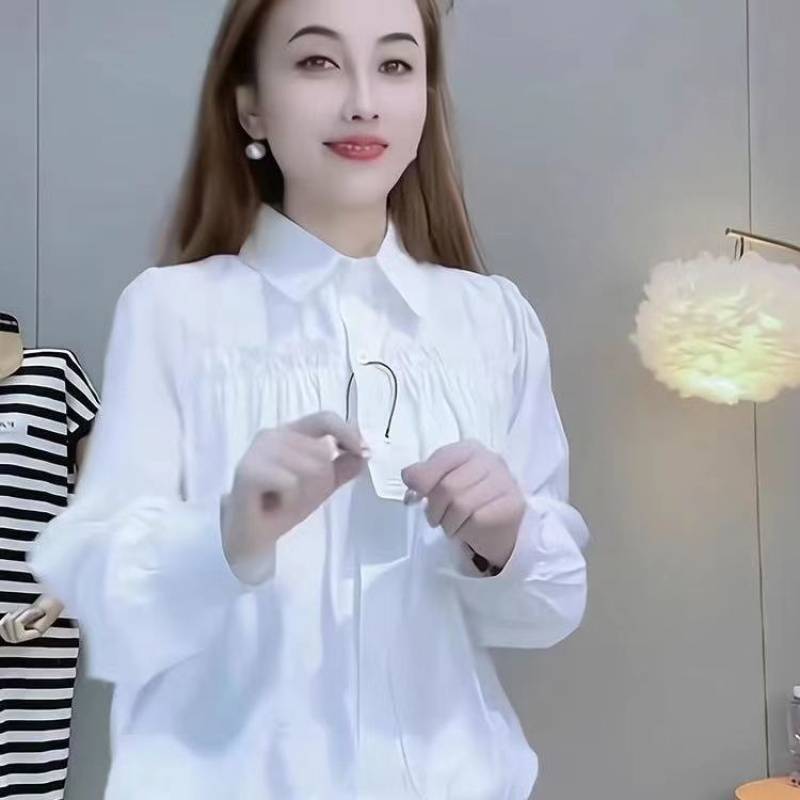 ヨーロッパの厚手の痩身2025春の新作白長袖シャツプリーツトップデザイン多用途トップ女性用|undefined