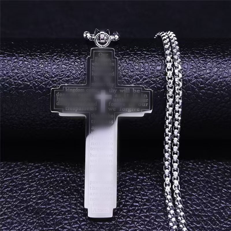 European and American Cross-Border New Hot-Selling English Letter Cross Necklace Trendy Hip-Hop Stainless Steel Necklace Wholesale