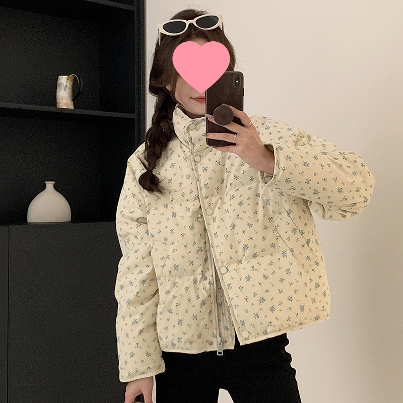 韩系甜美加厚小碎花立领羽绒服女2024新款时尚宽松面包服短款外套