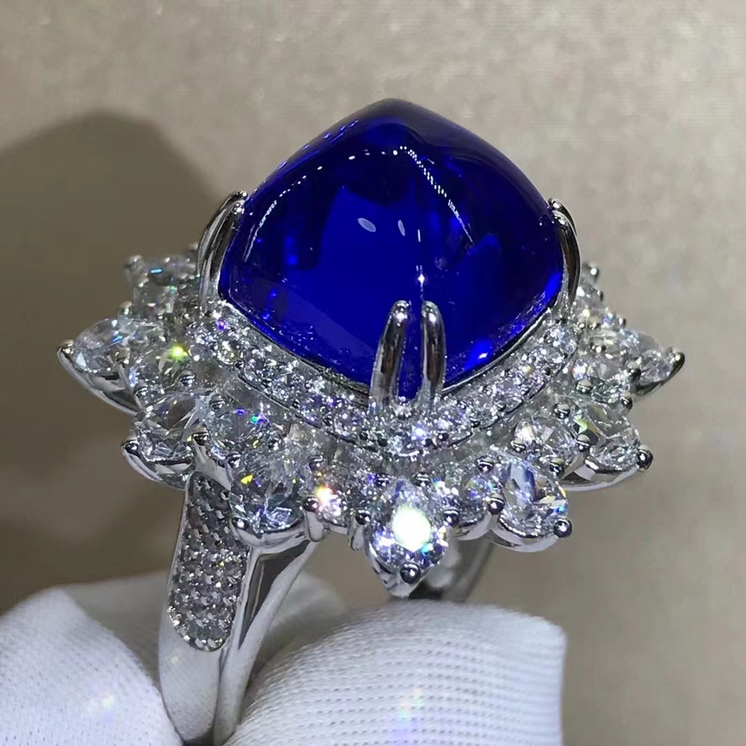 S925 plateado de cinco capas de espesor de platino con incrustaciones de azúcar sintético de 10 quilates anillo de gema en forma de torre transfronteriza transmisión en vivo exclusiva