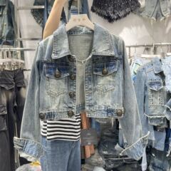 新款港风复古金属扣水洗牛仔外套时尚个性短款夹克女2025秋季新款
