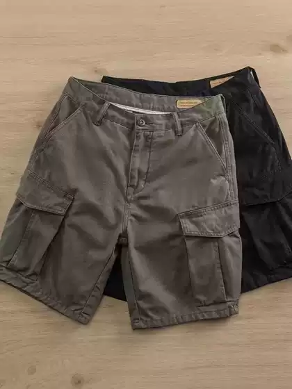 Men's Cargo Drawstring Shorts, Loose Straight Leg, Washed, Multi-Pocket Casual Beach Shorts for Streetwear
