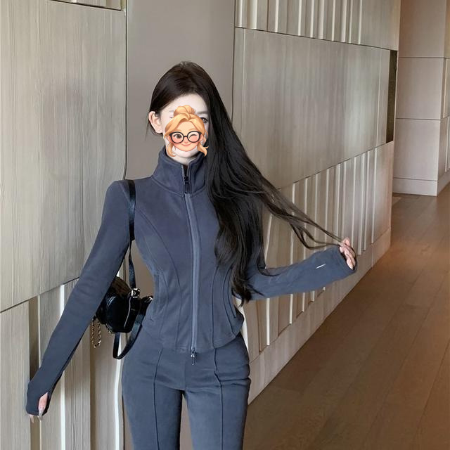 炸街网红套装女2025秋冬新款时尚休闲加绒修身短上衣运动微喇长裤|undefined