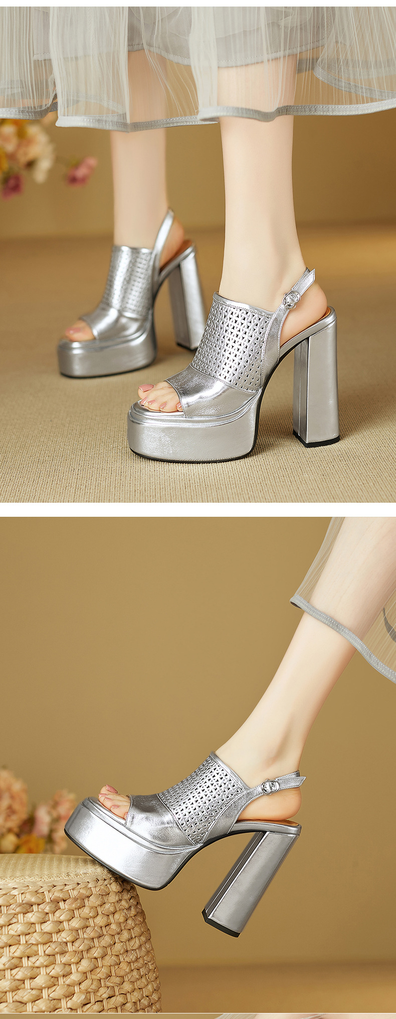 Sandal cao gót nữ da thật gót vuông đế rỗng hở mũi quai ngang — Màu đỏ rượu chi tiết 5