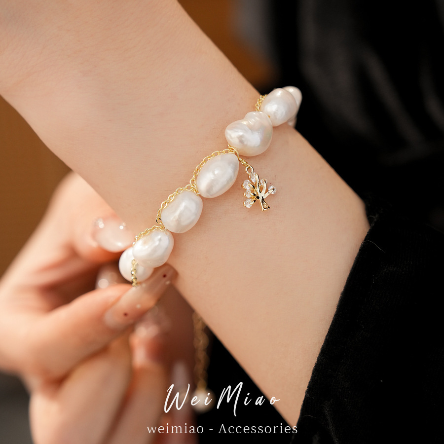 18 quilates de oro real, pulsera de perlas de piedra de agua dulce, pulsera de nicho de lujo ligera, joyería de alta calidad