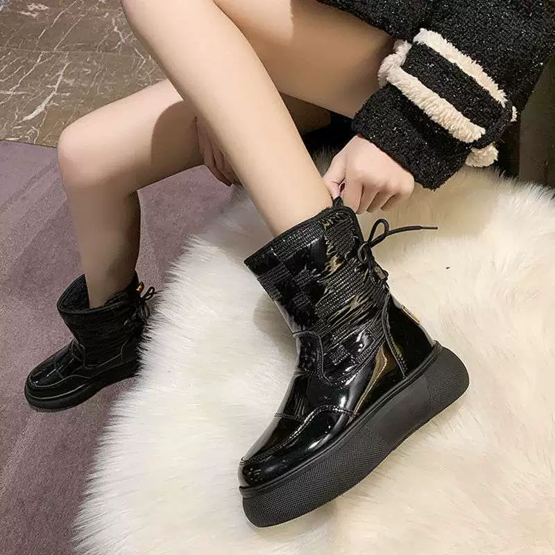 Fleece winter white boots, universal shoes platform, mid-length