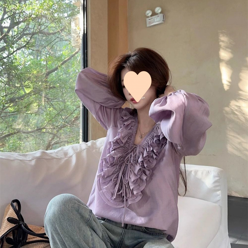 法式荷叶边抽绳领衬衫女2025春季新款洋气小众独特别致长袖衬衣|undefined