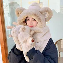 小熊帽子韩版可爱女士毛绒围巾一体保暖手套围脖三件套毛毛连体帽