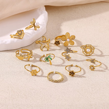 亚马逊新款不锈几何仿珍珠锆石戒指镀18K金花朵星星开口戒指