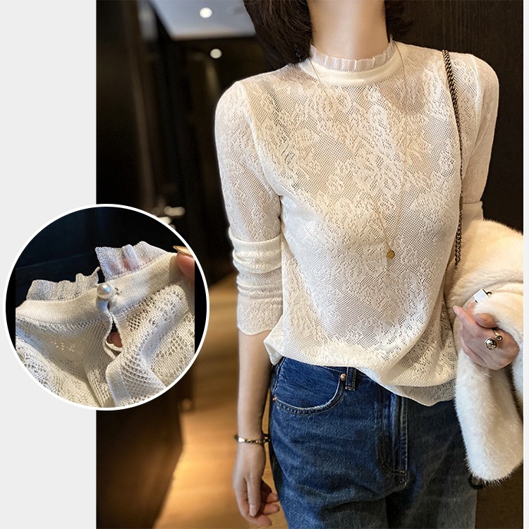 European Station Elegant French Crochet Hollow Mesh Ear Edge Small Stand Collar Base Sweater Women's Top