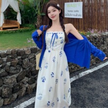 现货流行~度假风森林花笺 天丝刺绣连衣裙一件代发包邮马卡龙