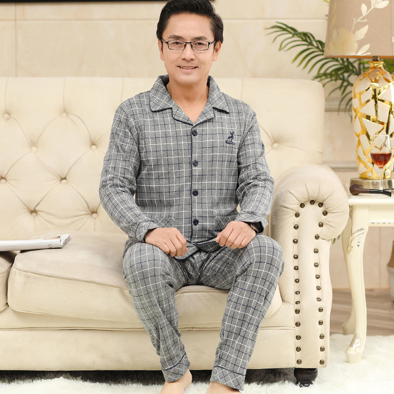 Pijamas de mediana edad y ancianos para hombres de primavera y verano 100% algodón de manga larga más tamaño cardigan Delgado traje de homewear