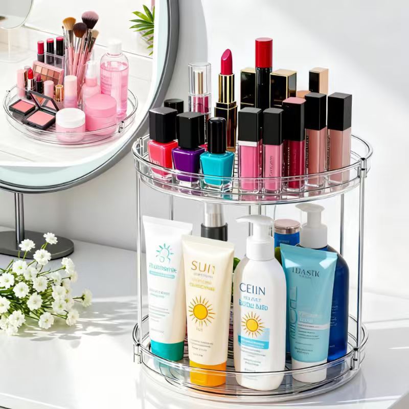 Cross-Border Rotating Kitchen and Bathroom Vanity Storage Rack for Cosmetics, Spices, and Perfume, Transparent Desktop Organizer Tray