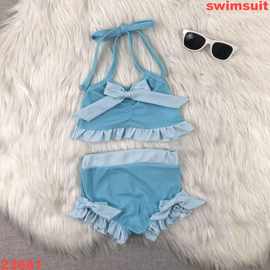 欧美精品店童装外贸批发浅蓝色蝴蝶结女孩新款夏季泳衣套装