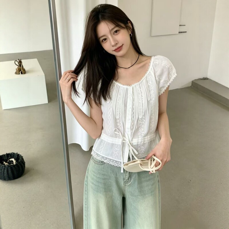 Cross-Border Korean-Style Lace-Trimmed Short-Sleeve Shirt for Women, New Summer Style, Waist-Cinching Tie, Slimming Pure Desire Style Top Wholesale