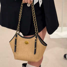 小香风链条编织包腋下包女单肩包购物袋迷你小包托特包度假草编包