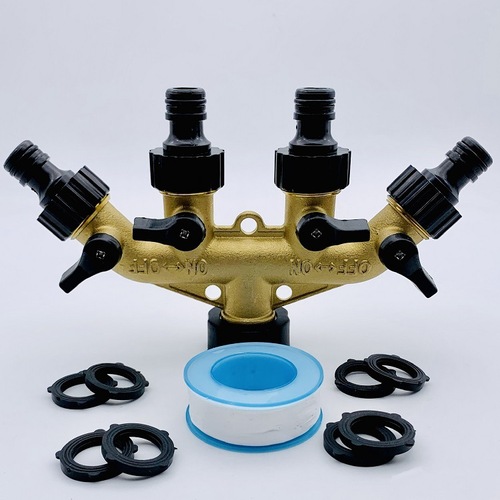 花园黄铜四通分流器园林户外水软管四口分水器接头灌溉浇水分流阀