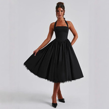 跨境新款法式赫本风高级感挂脖领性感修身露背甜美网纱气质连衣裙