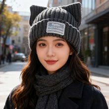 韩系简约秋冬天洋气蕾丝花边双角帽保暖显脸小毛线帽女时尚针织帽