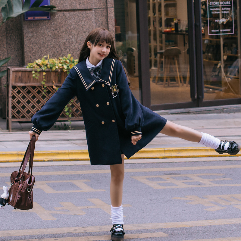 Abrigo de Lana Estilo Colegial de Lana, Manga Larga, Largo