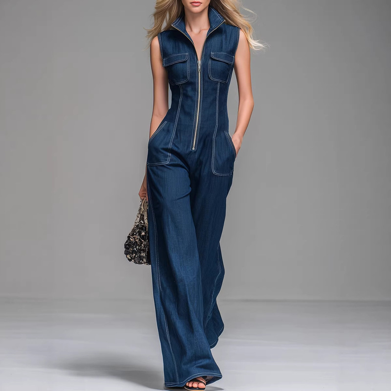 Cross-Border Amazon New Product: Spring/Summer Slim-Fit Casual Faux Denim Fashion Retro Stand-Collar Zip-Up Sleeveless Jumpsuit