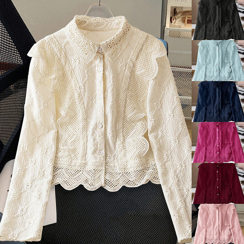Amazon European and American Cross-Border Foreign Trade Hollow-Out Suit Collar Long-Sleeve Single-Breasted Casual Lace Patchwork Shirt Amazon European and American Cross-Border Foreign Trade Hollow-Out Suit Collar Long-Sleeve Single-Breasted Casual Lace Patchwork Shirt