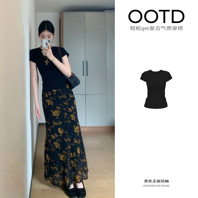 半身裙女夏长款2025小个子复古黄玫瑰裙子套装轻熟碎花修身包臀裙|undefined