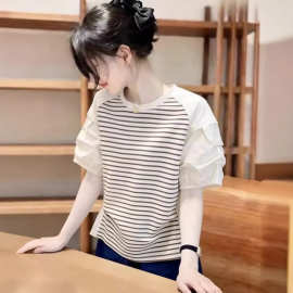 T恤女夏短袖2026新款小个子设计感小众条纹拼接衬衫式t恤气质上衣