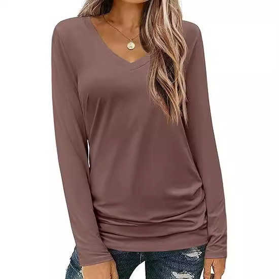 European and American Amazon cross-border women's long-sleeve V-neck basic T-shirt, casual loose top for autumn