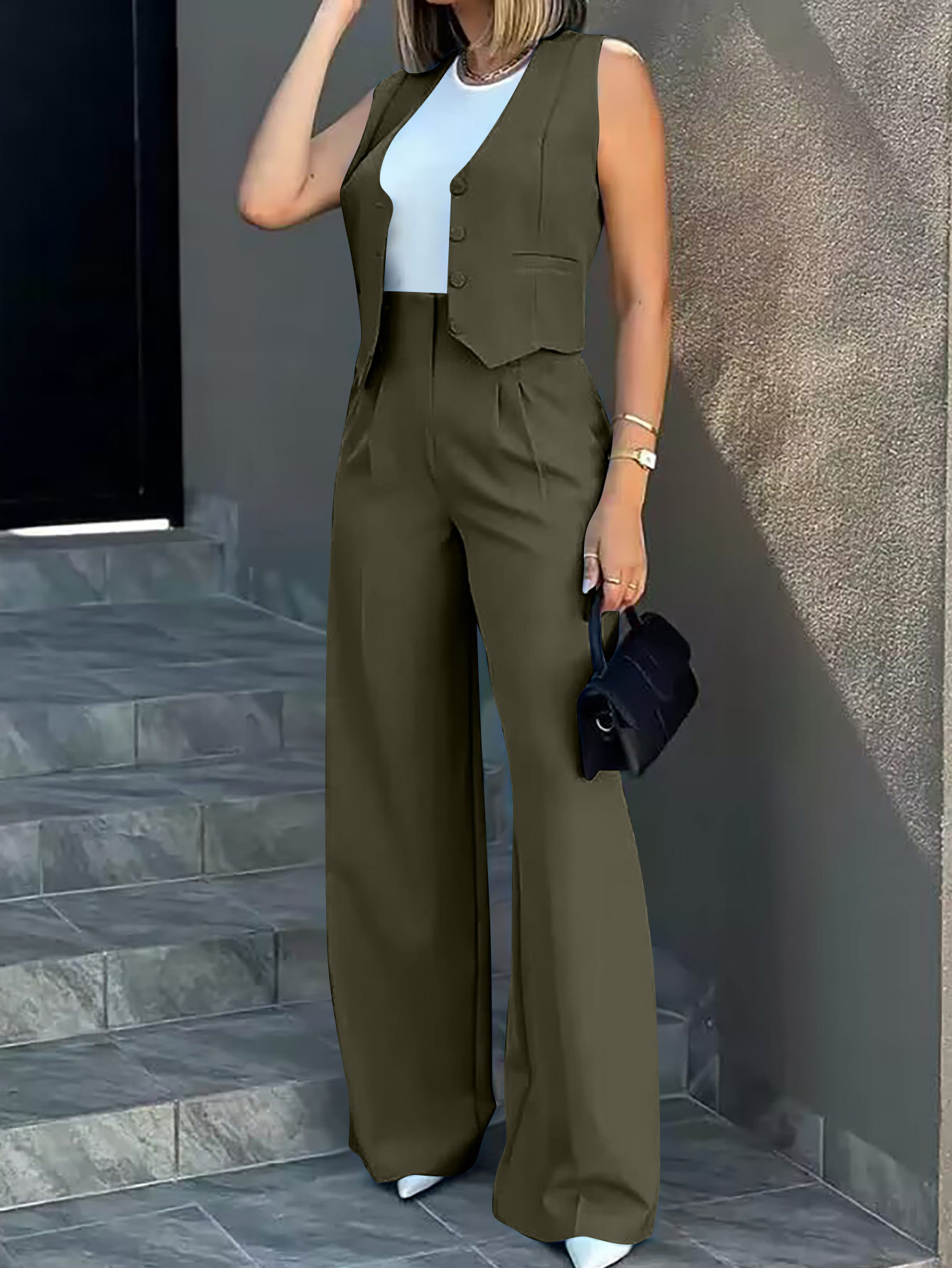 Conjunto casual de chaleco de traje y pantalones de pierna ancha, estilo de moda europeo y americano 2024, mayorista transfronterizo