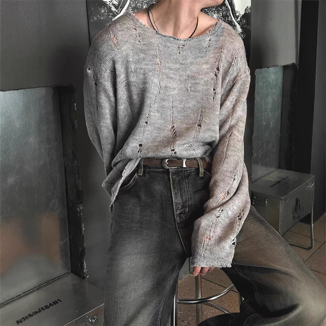 Men's Clothing Men's Distressed Knit Sweater With Lace Trim & Oversized Neck – Trendy Long Sleeve Pullover For Streetwear & Layering_voghion.com