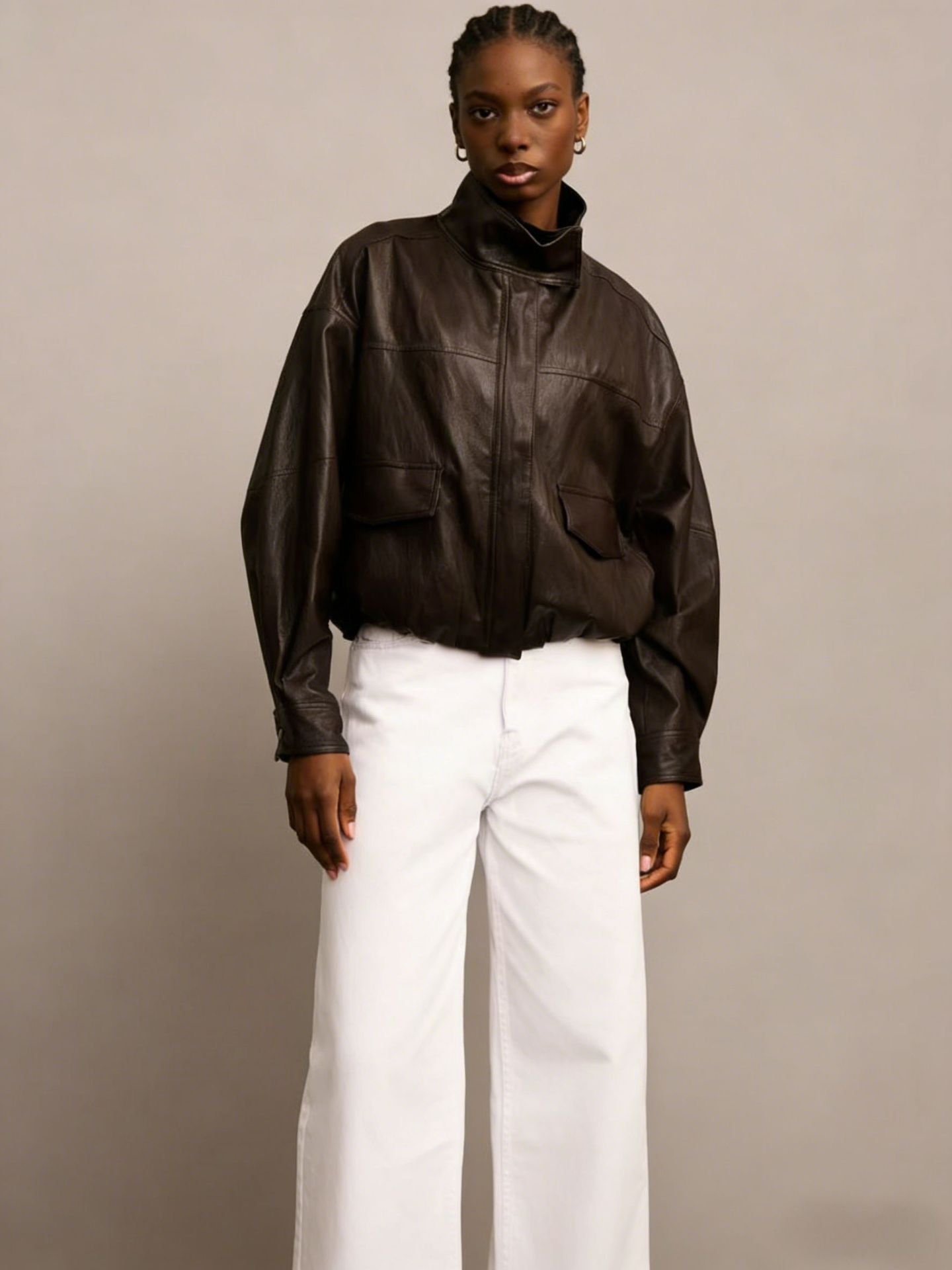 Qadın qısa PU dəri bomber ceket, retro boş model