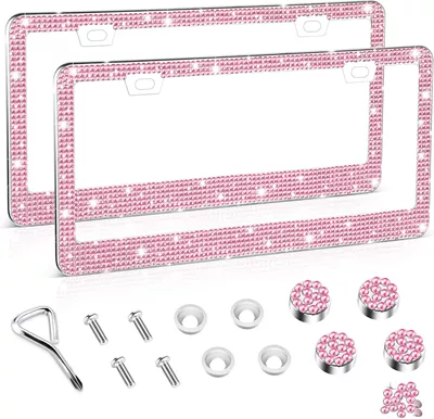 American Standard Square-Hole Stainless Steel License Plate Frame with Diamonds-Includes Accessories (License plate holder/license plate holder) - pink-2-pieces