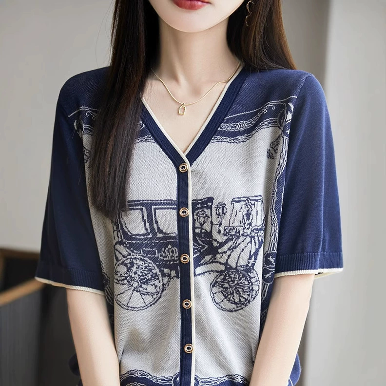 Retro summer fashionable thin cardigan, breathable T-shirt for leisure, high-quality style, V-neckline, with short sleeve