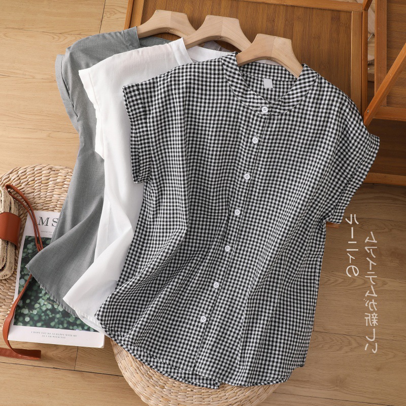 3色入 纯色立领衬衫女2024夏季新款宽松舒适休闲无袖上衣潮