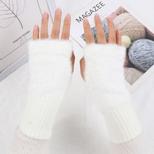 加长半截半指手套女冬季毛绒露指保暖加厚无指优雅纯色手袖冬天