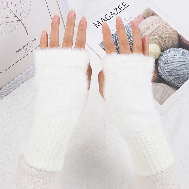 加长半截半指手套女冬季毛绒露指保暖加厚无指优雅纯色手袖冬天
