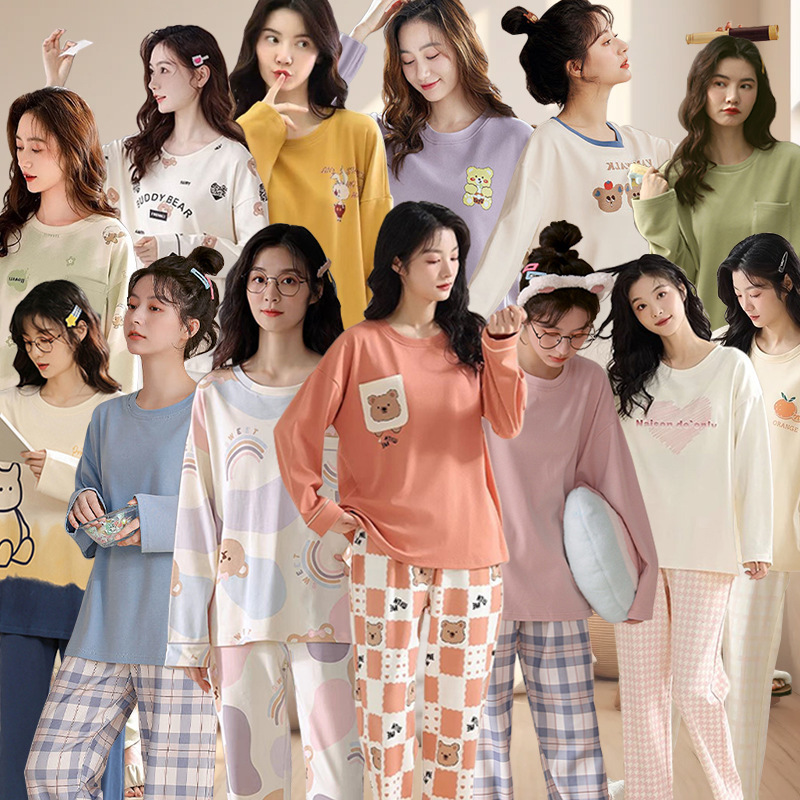 Spring and Autumn Pajamas for Women, Long-Sleeved, New Korean Style, Fashionable and Casual Plaid Women's Home Wear, Autumn and Winter Suits That Can Be Worn Outside