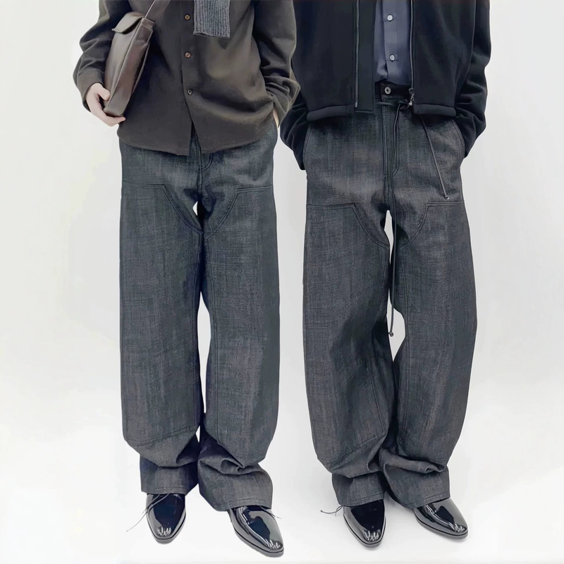 High-end Vujade011 vintage double-knee straight-leg Kenijima style raw denim black jeans