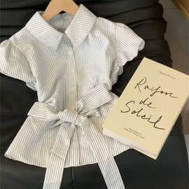 短袖衬衫女夏泡泡袖2026新款后背绑带蝴蝶结上衣条纹衬衫女小格子