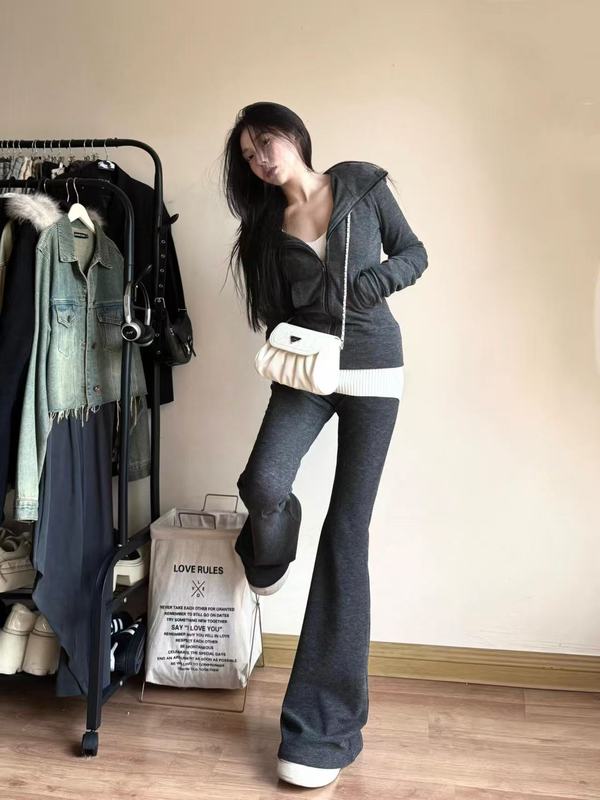 灰色秋季套装女款2025新款修身收腰韩系连帽入秋装搭配一整套穿搭|undefined