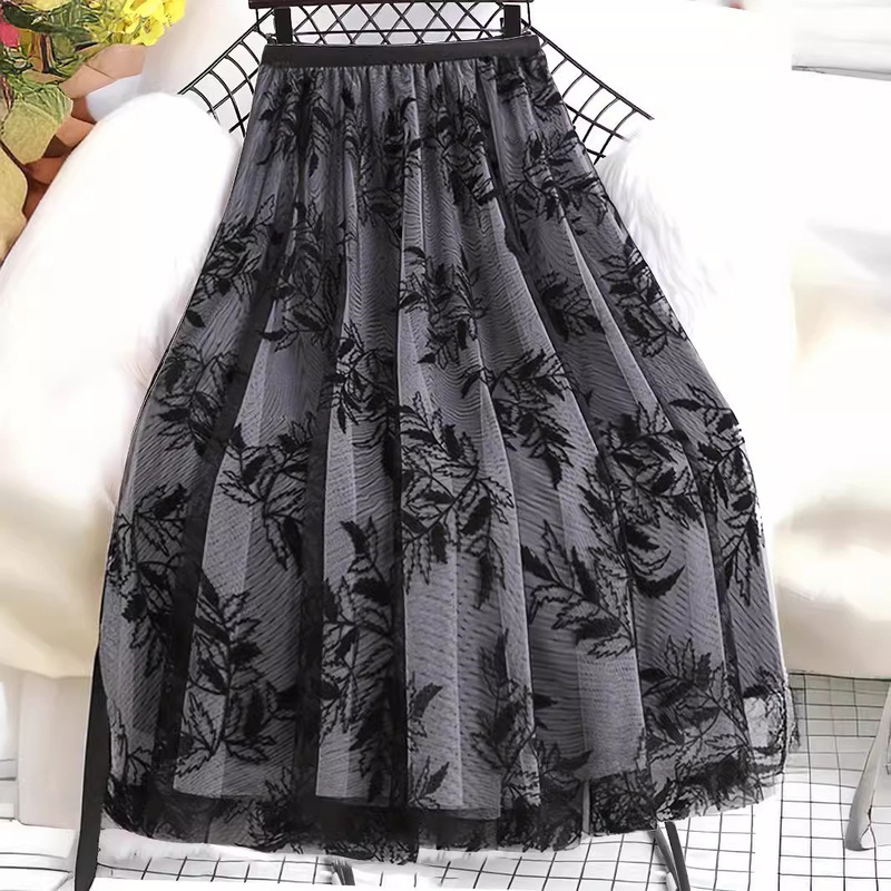 Flocking printed gauze skirt women's skirt autumn and winter mid-length A- line large floral floral gauze white overskirt long skirt
