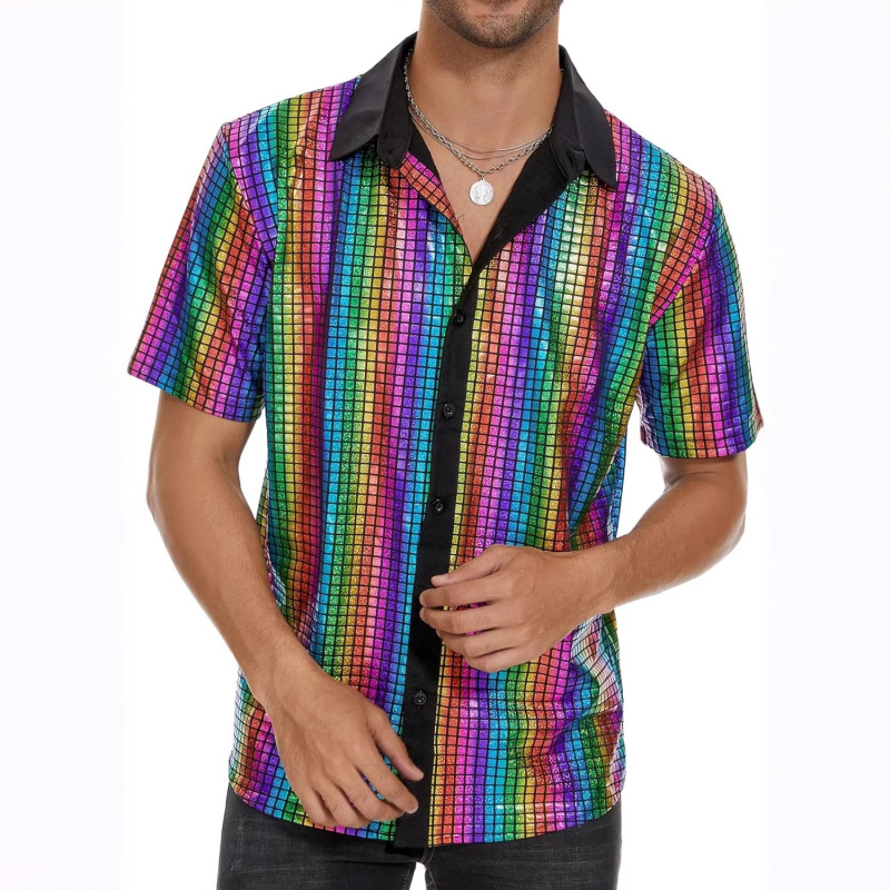 Cross-Border New Style Men's Sequined 70S 80S Disco Shirt Retro Loose Short-Sleeved Button-Up Top