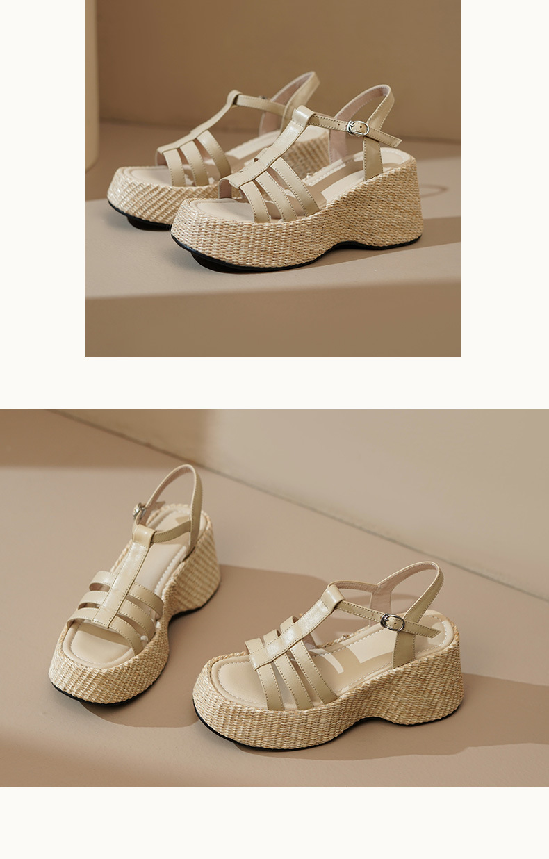Sandal nữ quai ngang đế xuồng đan cói cổ điển phong cách nghỉ dưỡng, gót 9 cm — Màu trắng, Màu mơ chi tiết 6